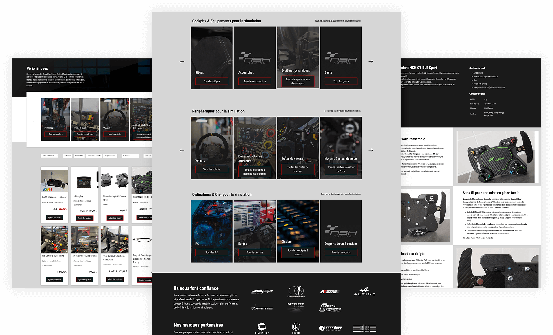 Mockup des différentes pages du site internet e-commerce NSH Racing.