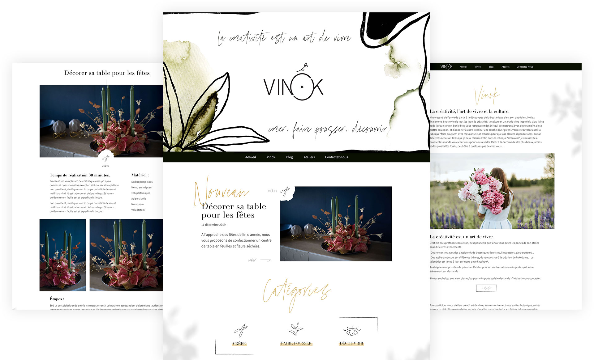 Mockup de trois pages des maquette du site Vinok.
