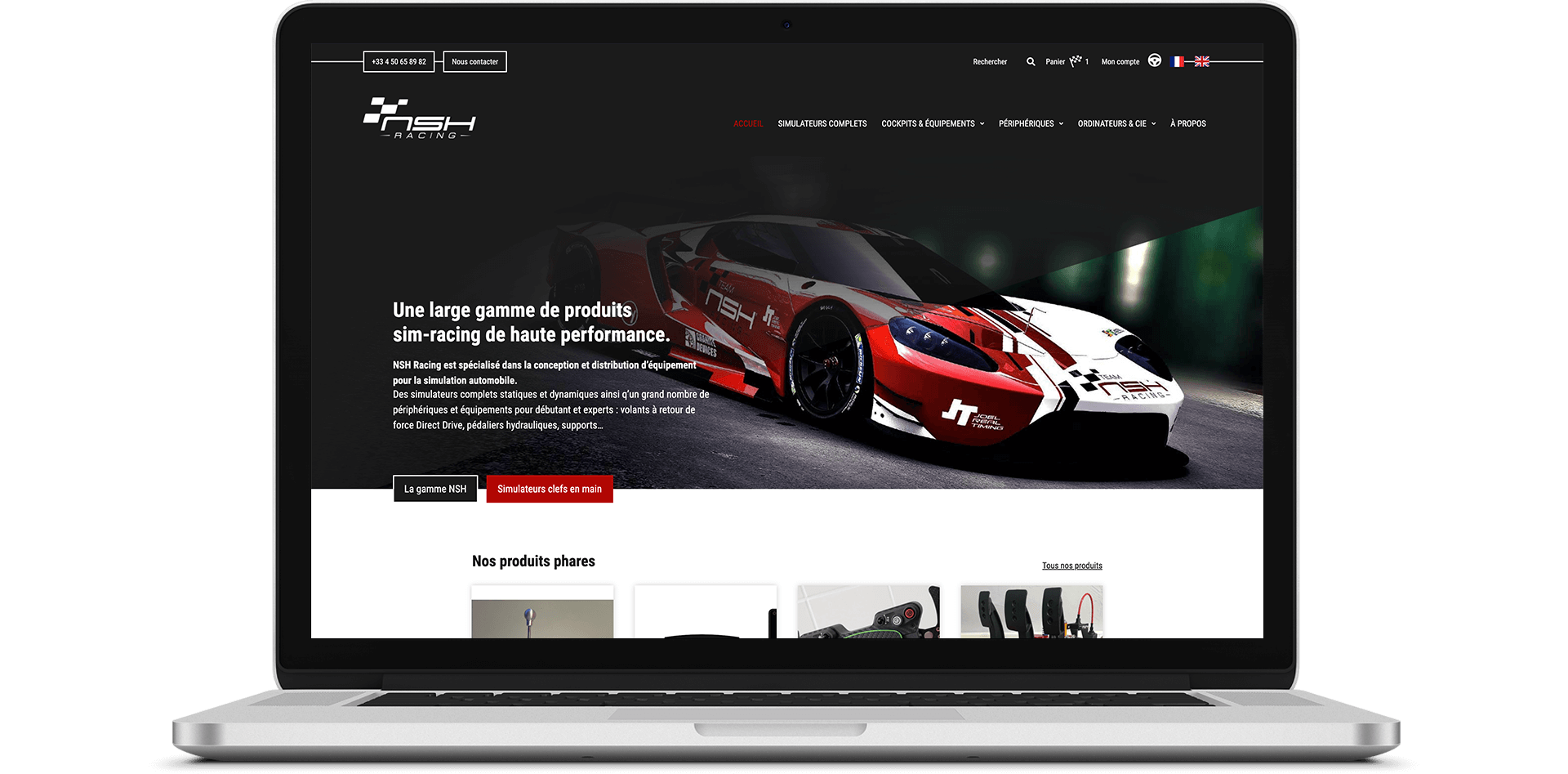 Mockup d'un ordinateur sur la page d'accueil du site e-commerce NSH Racing.